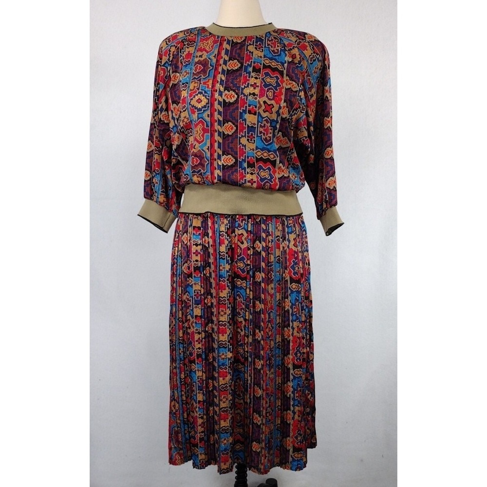 Andrea Gayle Womens 12 Vintage 80s Accordion Pleated Dress Aztec Funky Boho